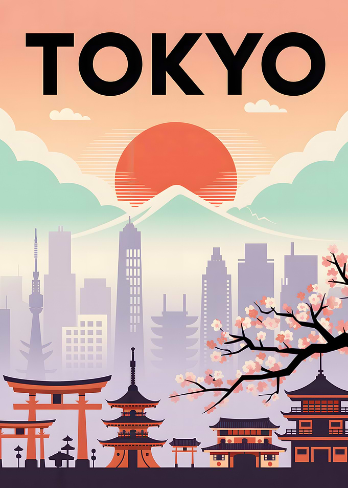 Tokyo Cityscape Illustration with Cherry Blossoms