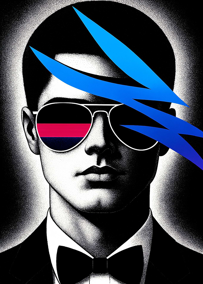 Abstract Black and White Portrait with Blue Lightning Bolt