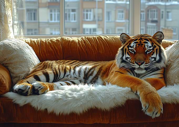 Tiger Relaxing on a Couch