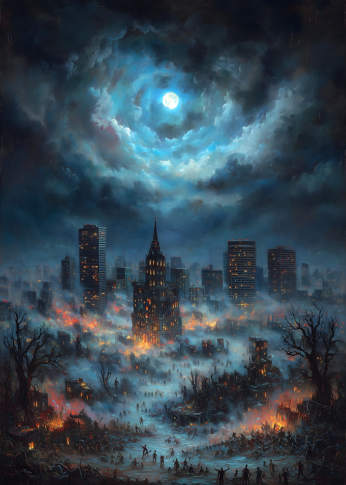 Apocalyptic Cityscape Under a Swirling Sky