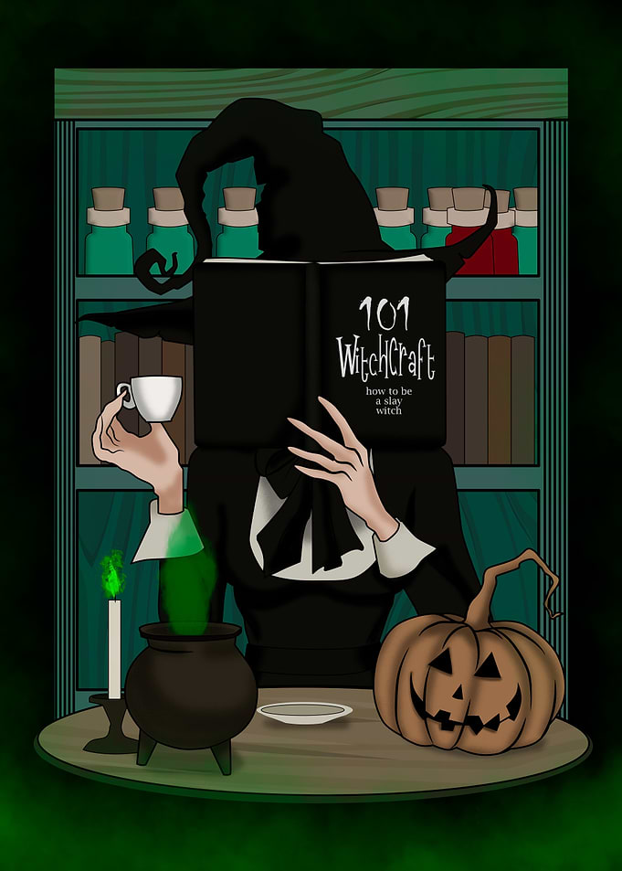 Whimsical Witchcraft Illustration with Book Character