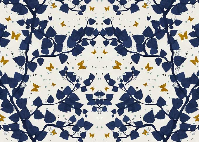 Navy Trees and Golden Butterflies Pattern
