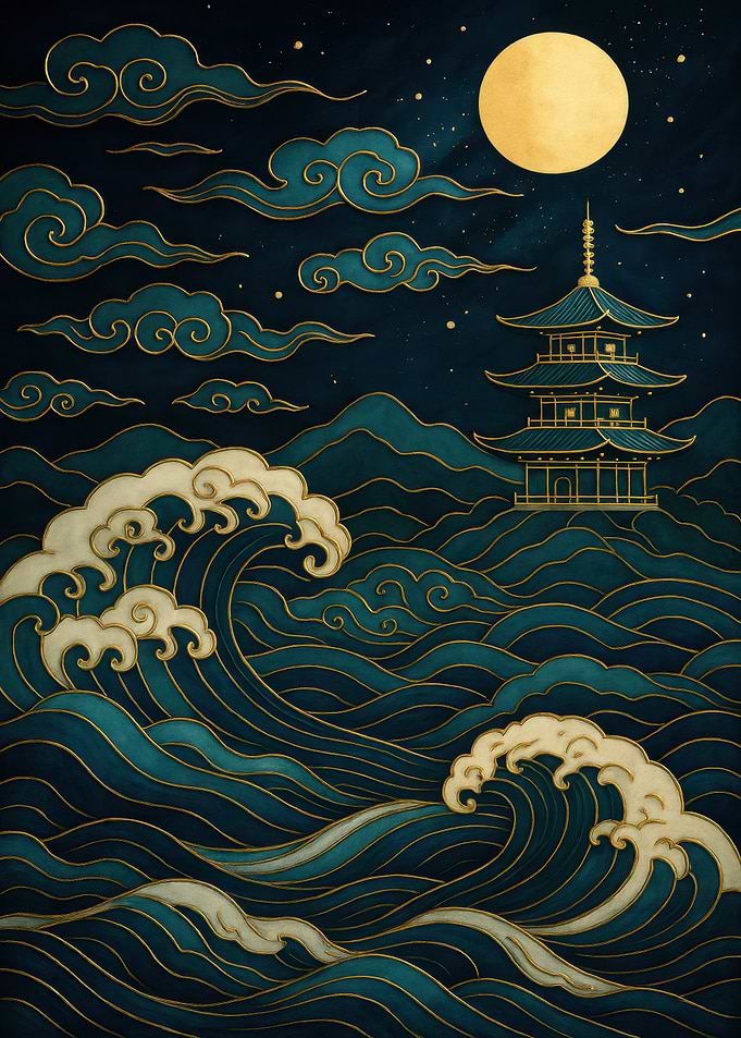 Japanese Pagoda, Waves, and Moon Art