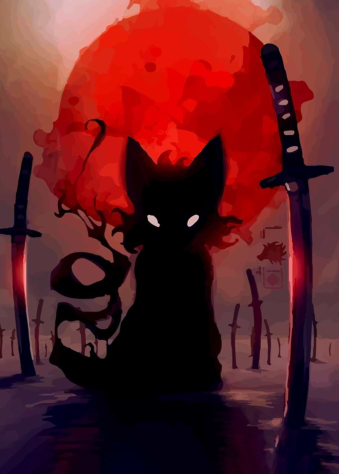 Silhouette Cat Samurai with Red Moon