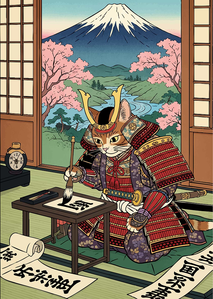 Samurai Cat Calligraphy Mount Fuji