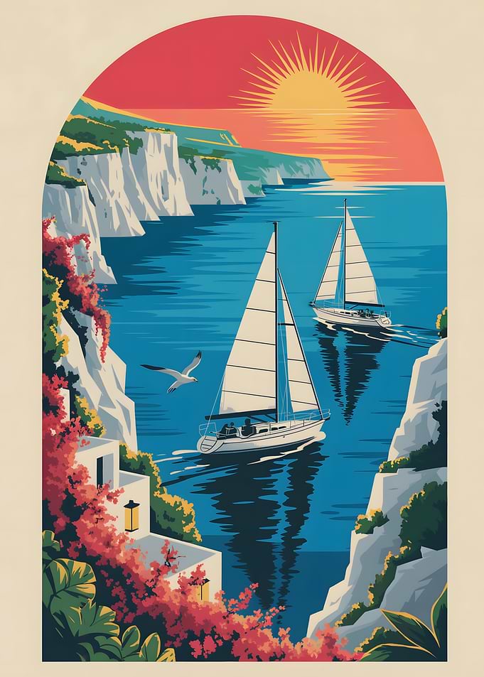 Sailboats at Sea with Coastal View