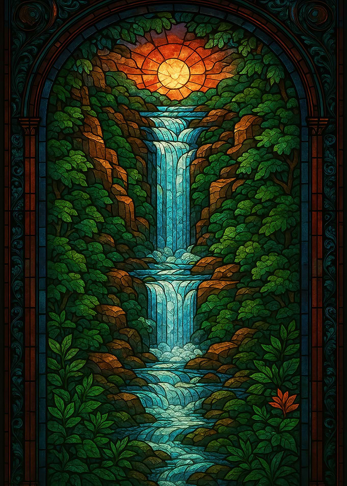Stained Glass Waterfall Landscape