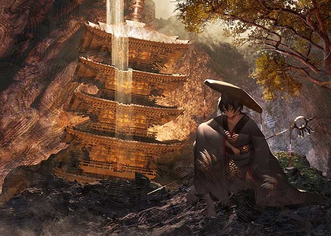 Japanese Pagoda with Figure in Kimono