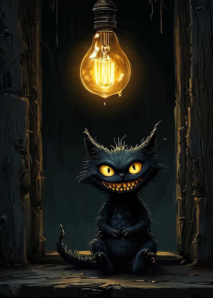 Grinning Cat Under Lightbulb