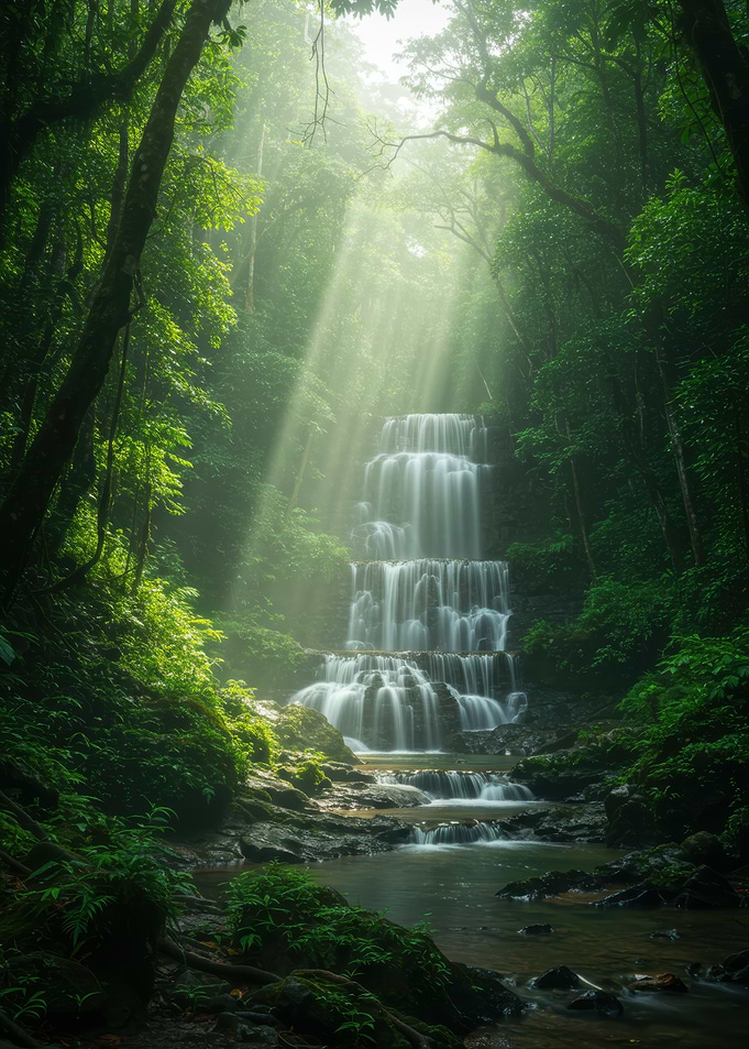 Serene Waterfall in Lush Forest