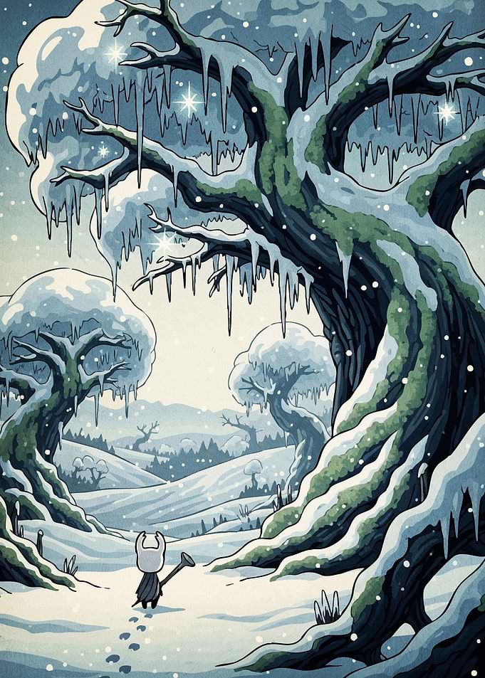 Hollow Knight in Snowy Landscape