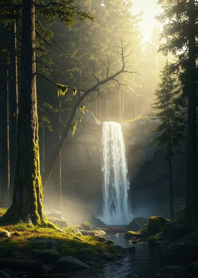 Serene Waterfall in Lush Forest