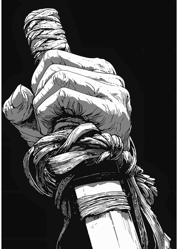Hand gripping wrapped weapon, manga style
