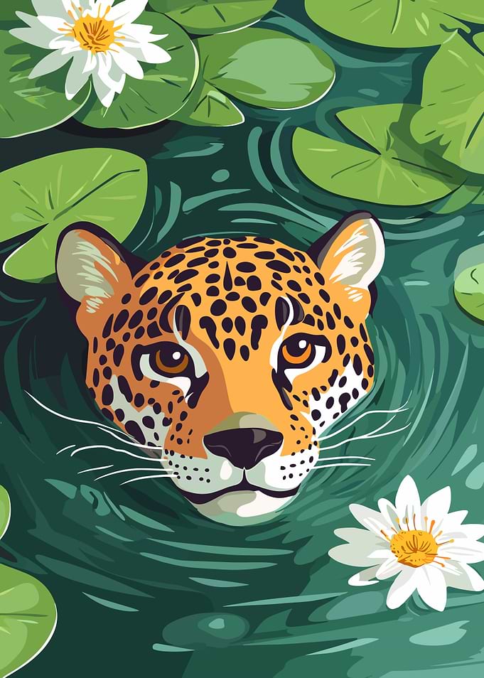 Jaguar in Water Lily Pond Illustration