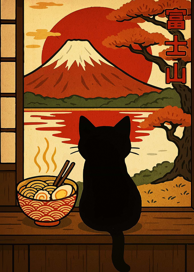 Cat, Ramen, and Mount Fuji View