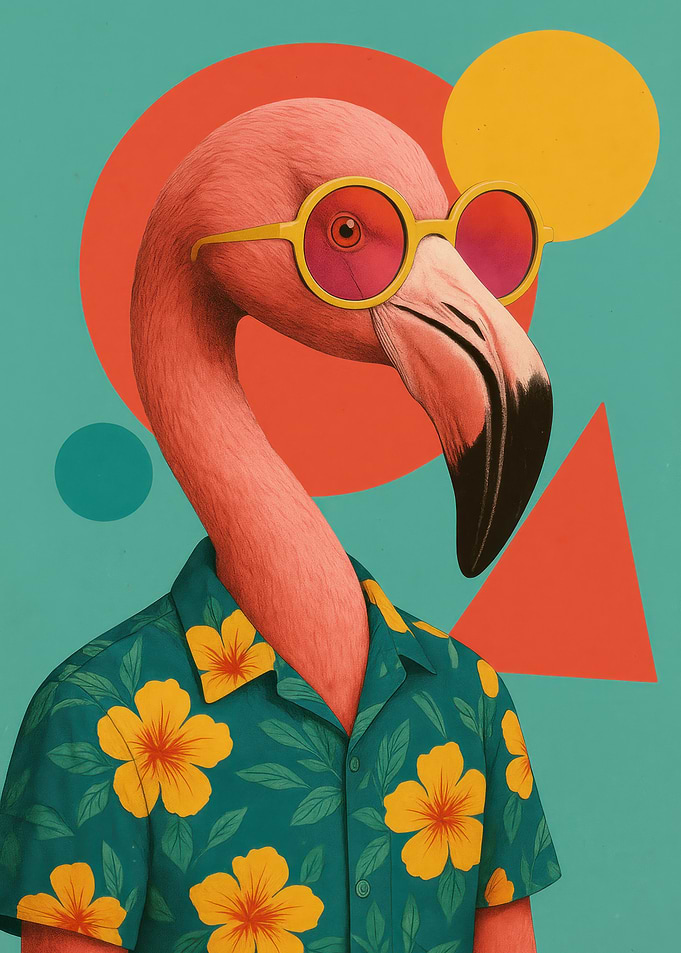 Flamingo with Sunglasses and Hawaiian Shirt