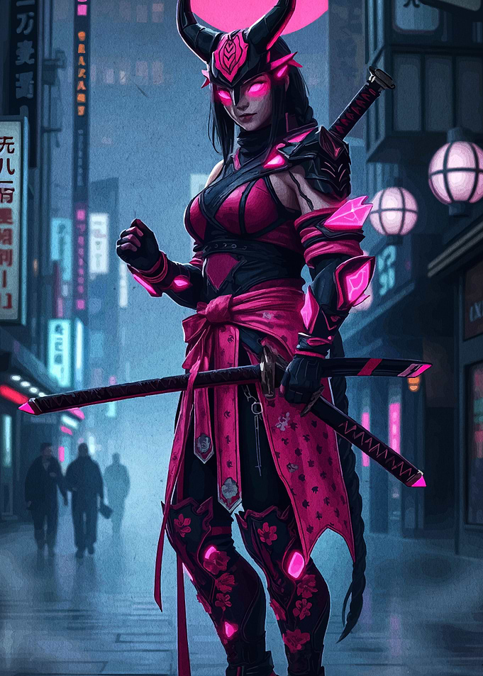 Cyberpunk Oni Warrior in Neon Cityscape