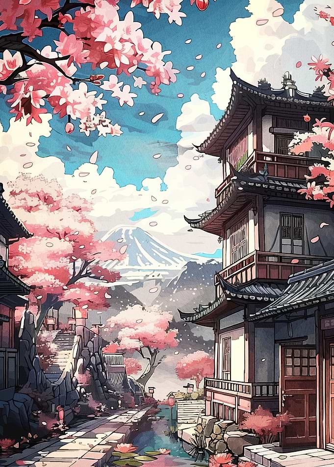 Japanese Town Cherry Blossoms