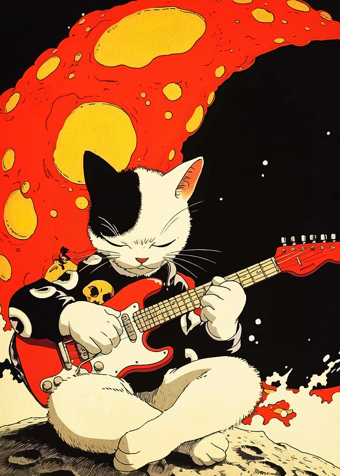 Cat playing guitar on the moon