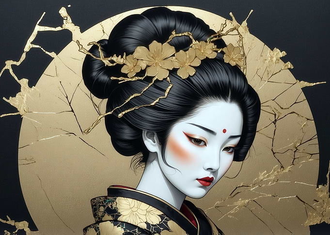 Elegant Geisha Portrait with Golden Accents