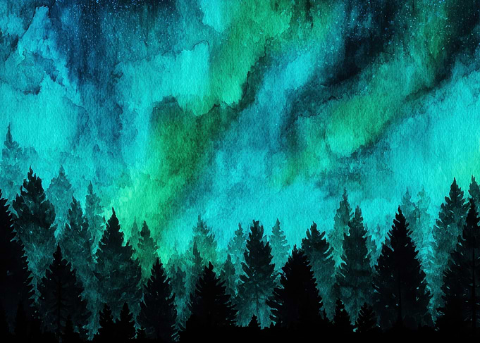 Watercolor Aurora Borealis over Forest