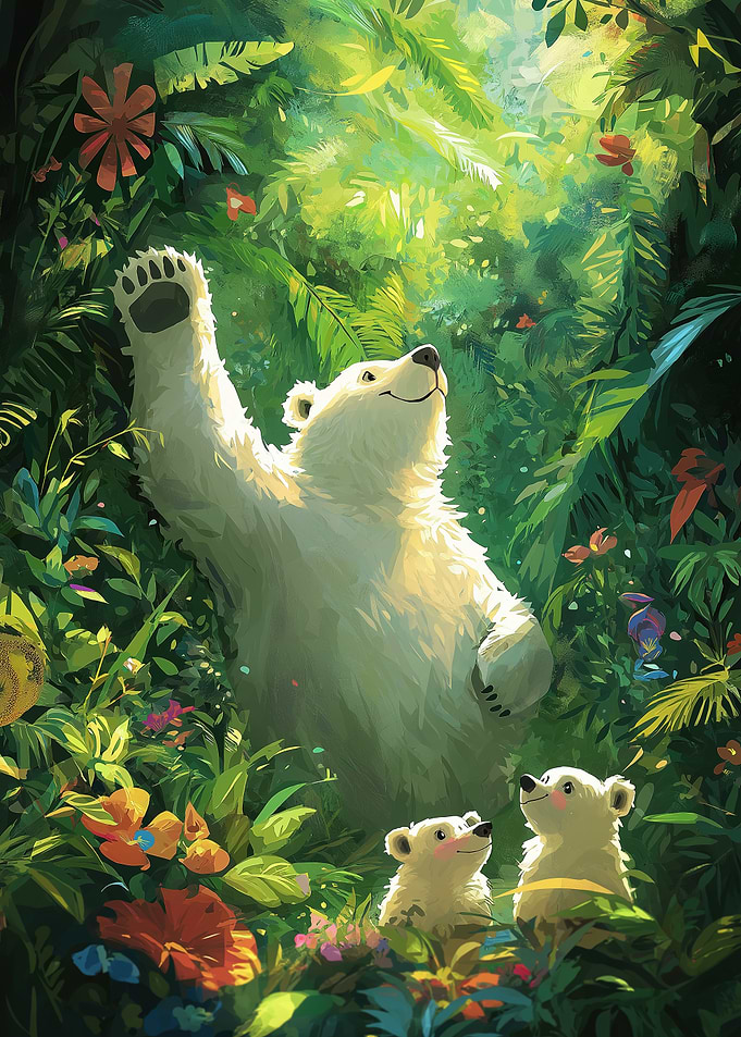 Polar Bear Family in Lush Jungle