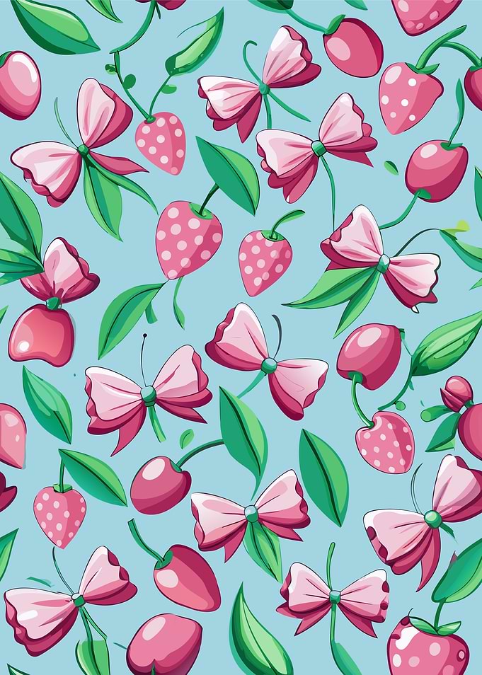 Strawberry and Bow Pattern on Blue