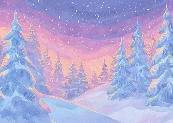 Watercolor Winter Landscape with Starry Sky