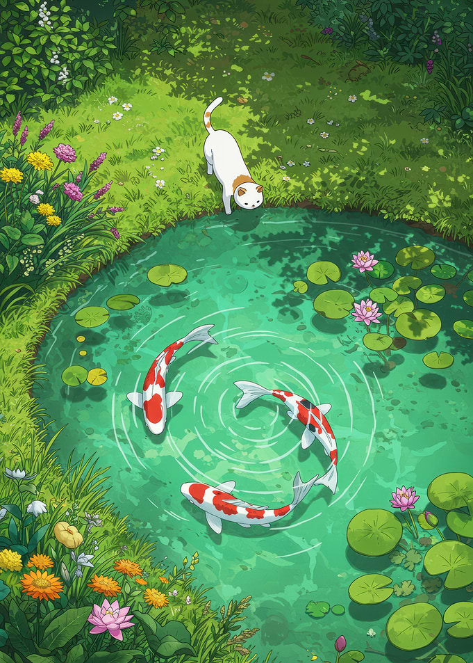 Cat and Koi Pond Illustration