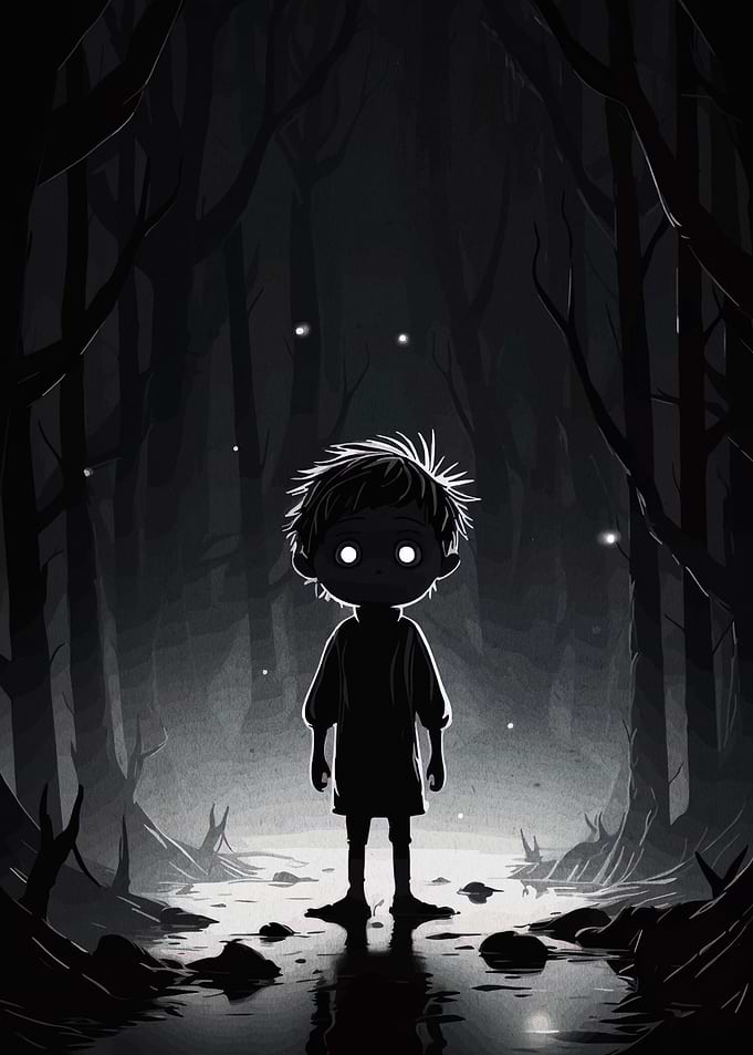 Eerie Child in Dark Forest Illustration