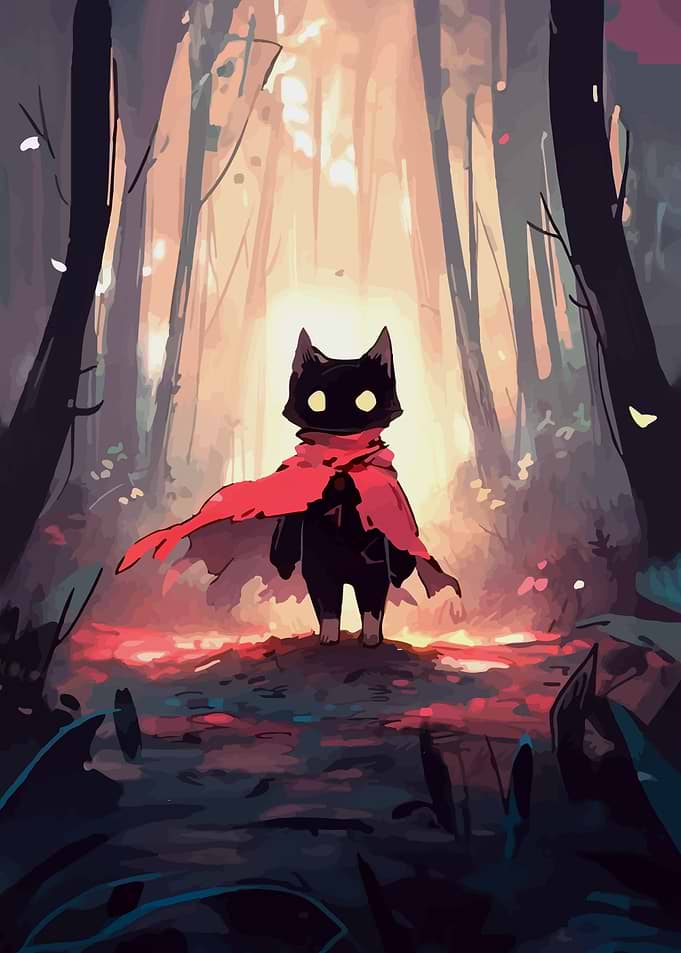 Cat with Red Scarf in Forest