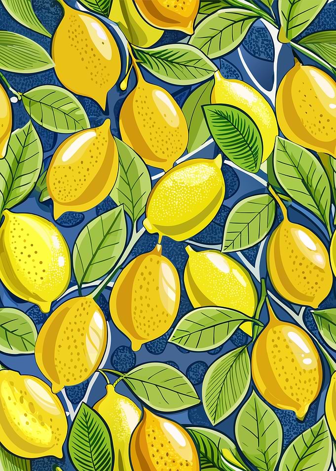 Lemon and Leaf Pattern on Blue