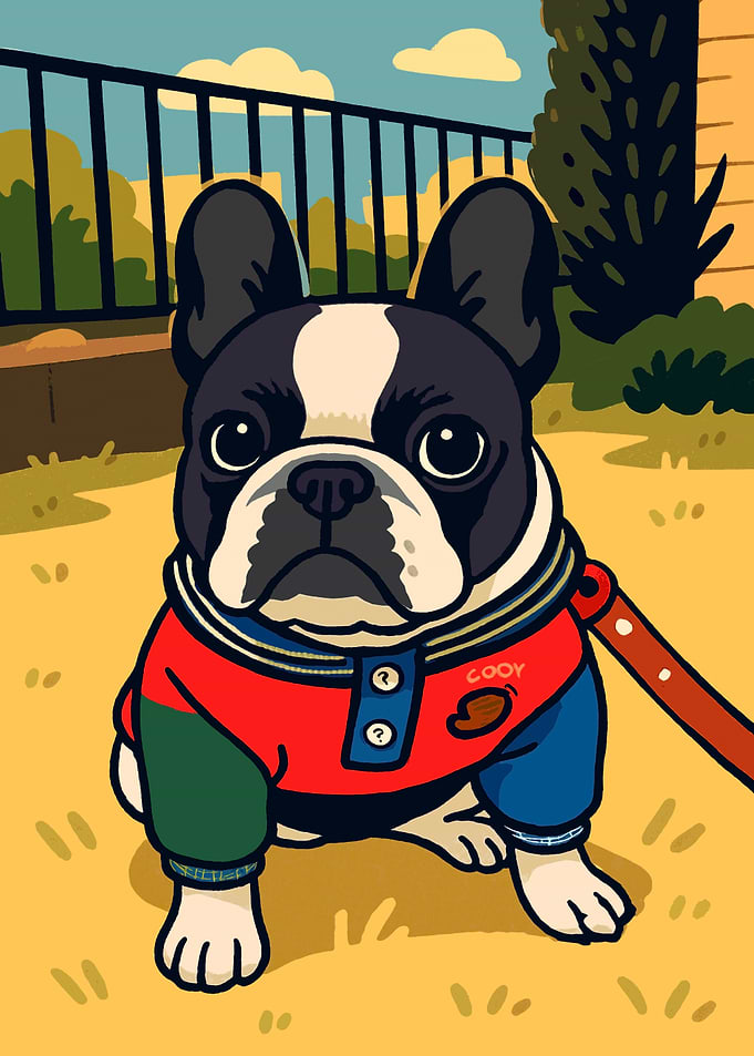 Cartoon French Bulldog with Colorful Outfit
