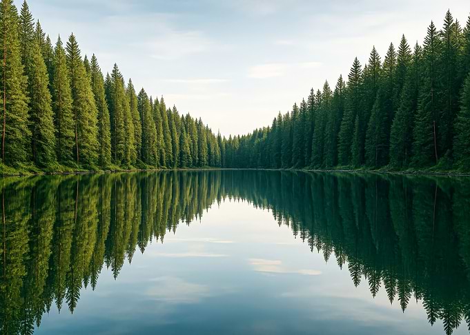 Serene Lake Surrounded by Evergreen Forest