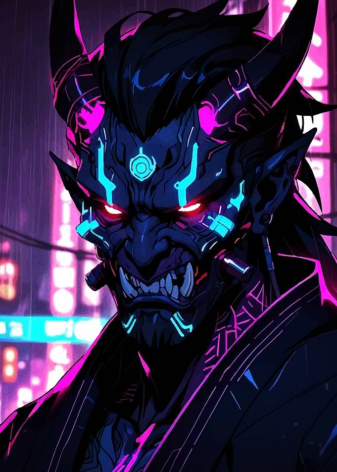 Cyberpunk Oni Demon in Neon Cityscape