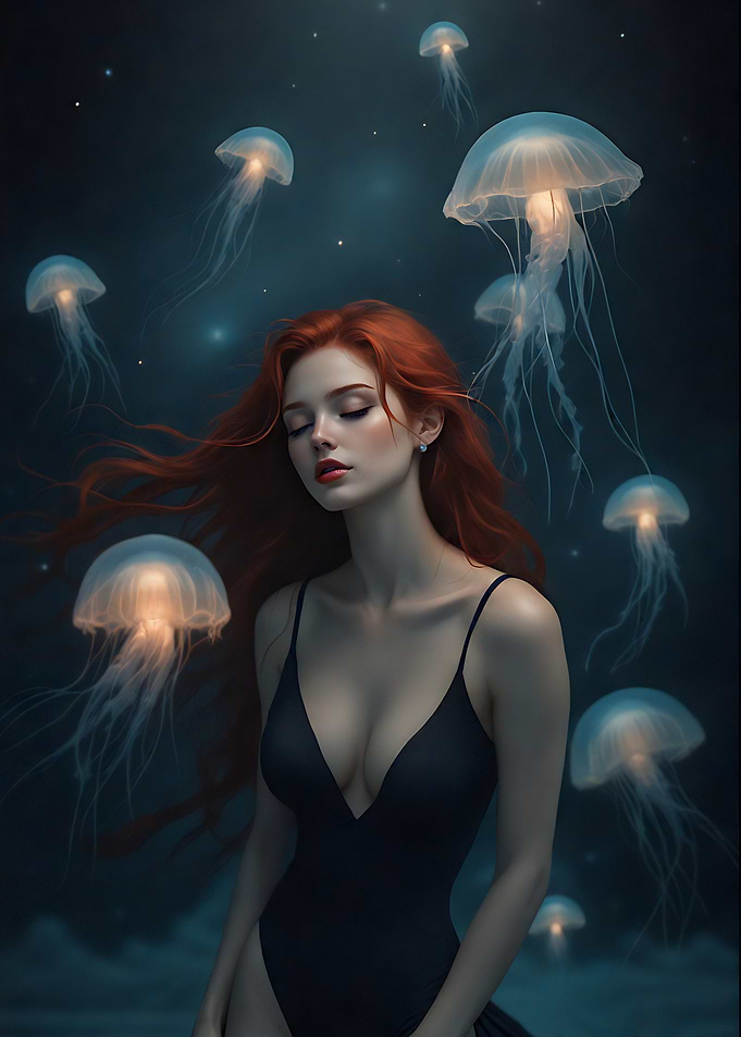 Redhead with Jellyfish in Dark Blue