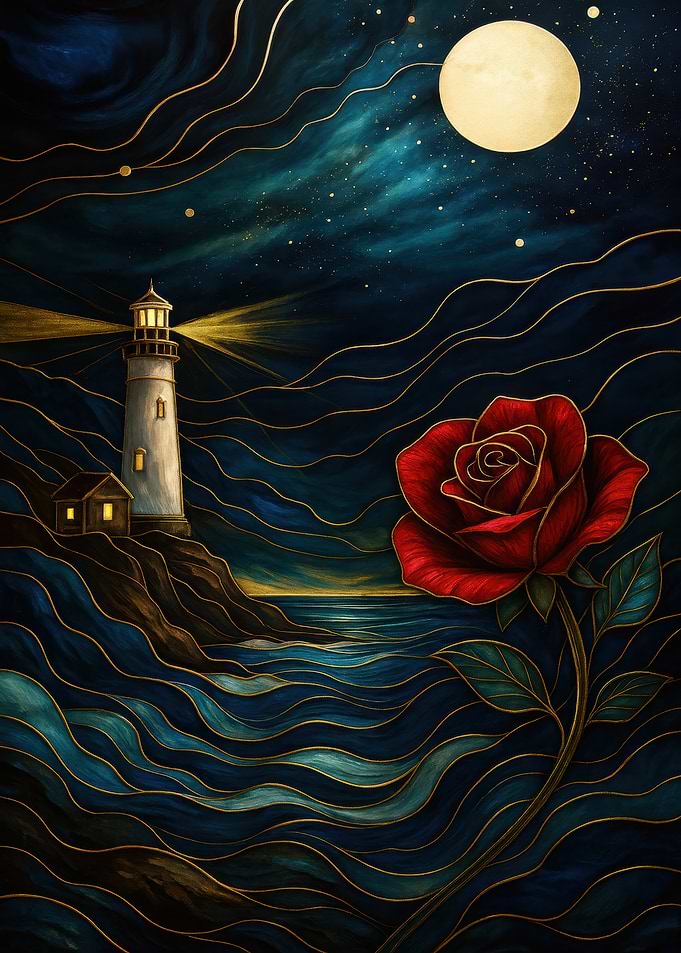 Lighthouse, Rose, and Moonlit Night