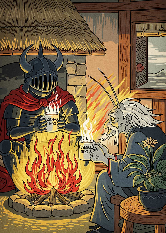 Cozy Fireplace Scene Knight Wizard
