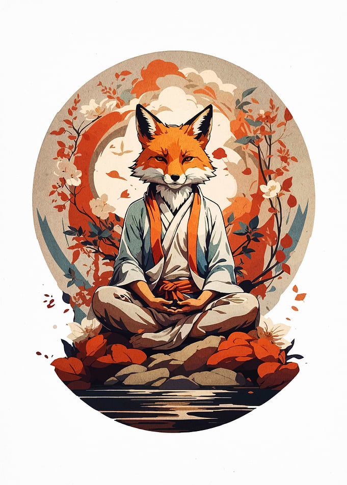 Meditating Fox in Japanese Art Style