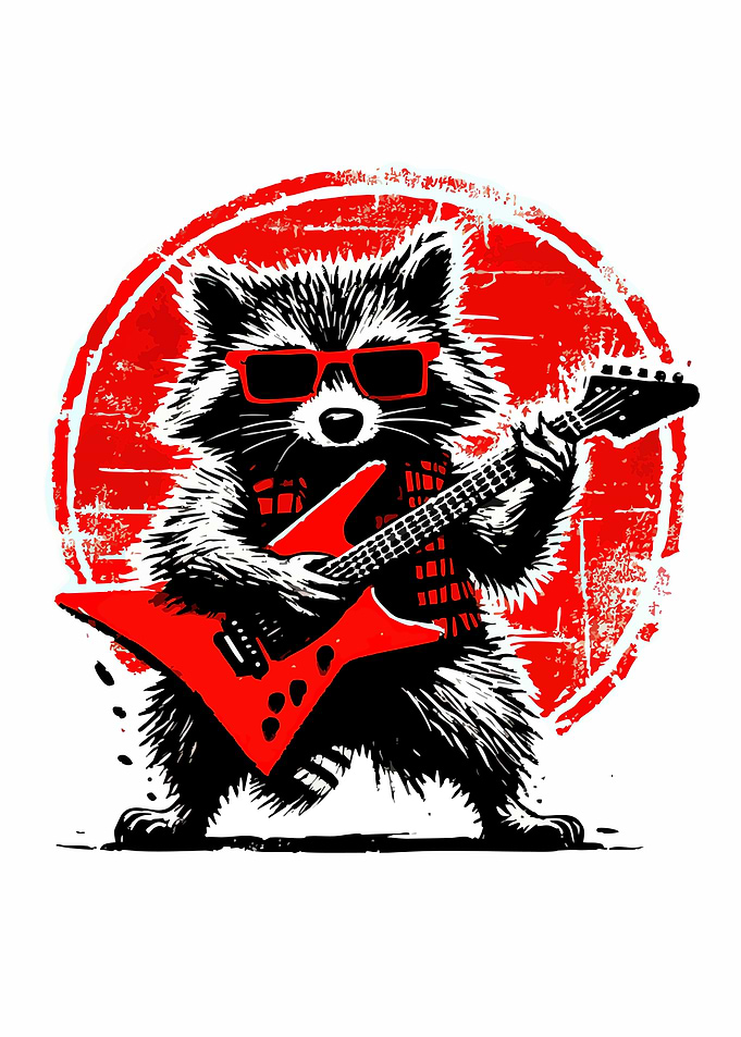 Raccoon Rocker with Red Guitar