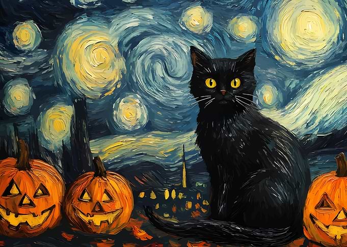 Halloween Cat Starry Night Painting