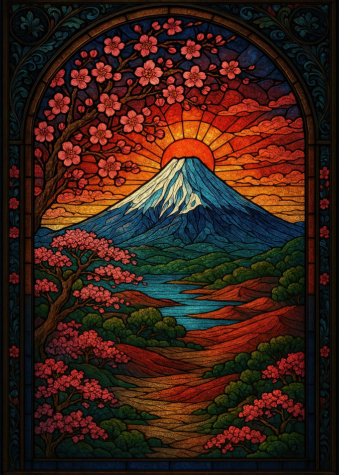 Mount Fuji Stained Glass Landscape