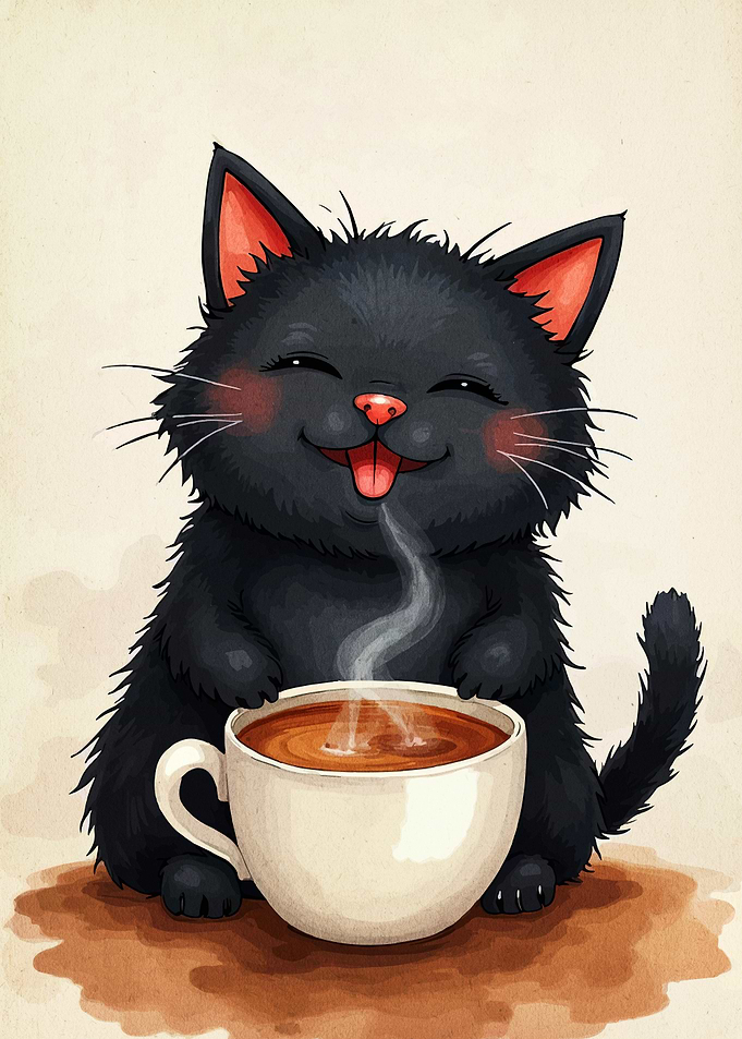 Cute Black Cat with Coffee Cup