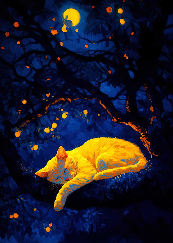 Sleeping Cat in Tree at Night