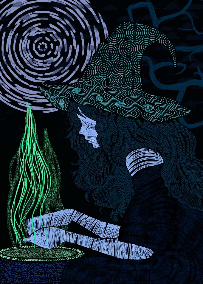 Witch Brewing Potion in Dark Setting