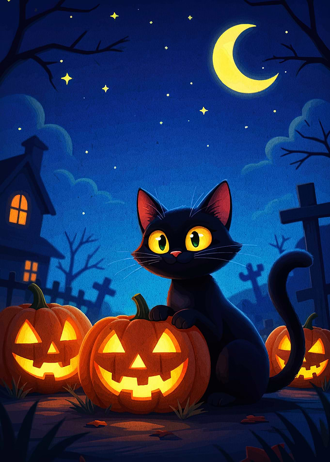 Halloween Night with Black Cat and Pumpkins