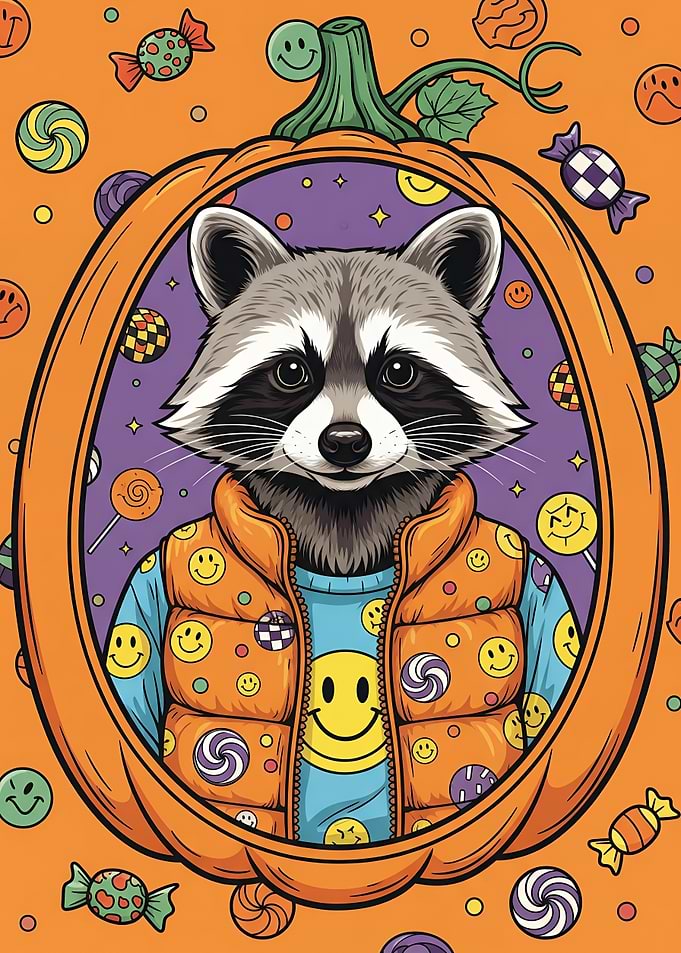 Trick-or-Treat Raccoon in Pumpkin Frame