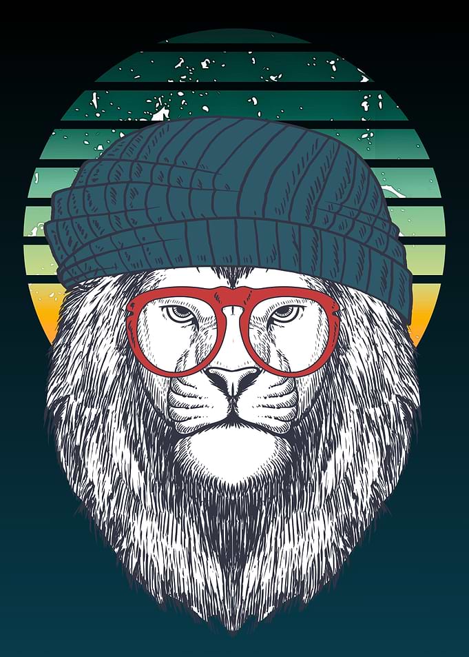 Hipster Lion with Beanie and Glasses
