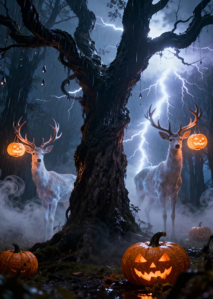Halloween Night with Deer and Pumpkins