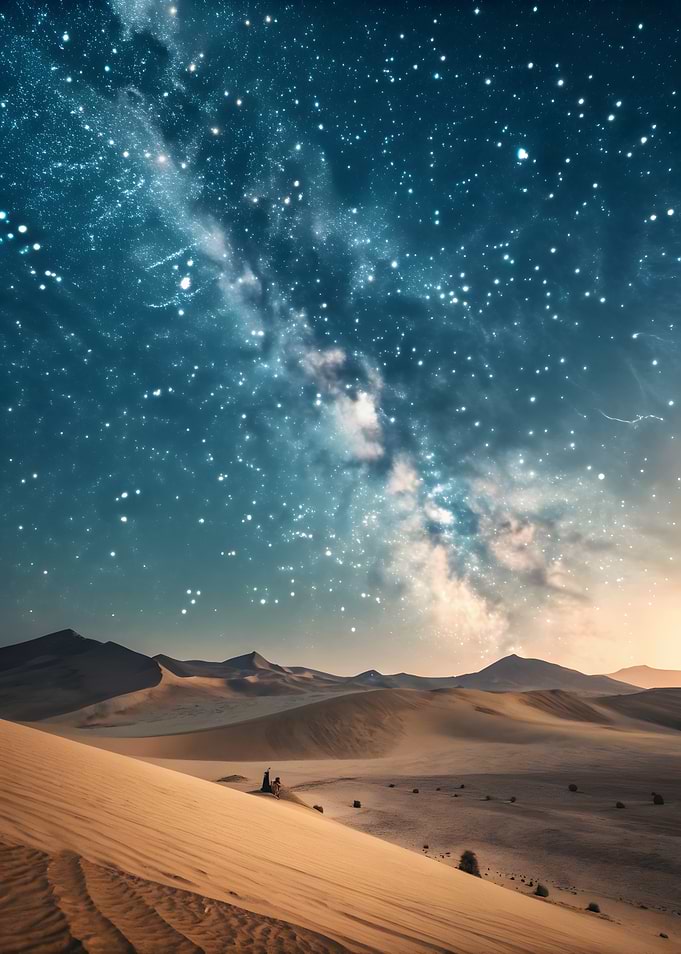 Desert landscape under starry night sky